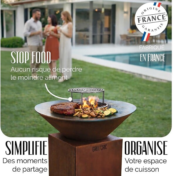 GRILL'CHIC - GRILL'CHIC - Pack Privilège Brasero Cévenol Corten Bois Rond - Simple Cuve - Avec Bâche + Grille + Stop Food Inclus - À Assembler - Fabriqué en France - Ø74 x 90 cm - large