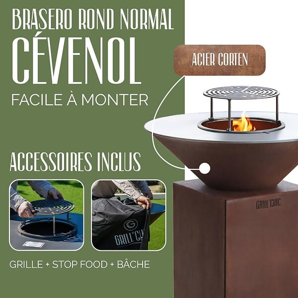 GRILL'CHIC - GRILL'CHIC - Pack Privilège Brasero Cévenol Corten Bois Rond - Simple Cuve - Avec Bâche + Grille + Stop Food Inclus - À Assembler - Fabriqué en France - Ø74 x 90 cm - large