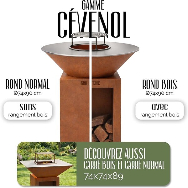 GRILL'CHIC - GRILL'CHIC - Pack Privilège Brasero Cévenol Corten Bois Rond - Simple Cuve - Avec Bâche + Grille + Stop Food Inclus - À Assembler - Fabriqué en France - Ø74 x 90 cm - large