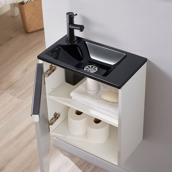 PLANETE BAIN - Meuble pour wc blanc avec lave mains design noir et mitigeur noir - large