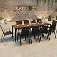 ID MARKET - Salon de jardin NOUMEA table 240 cm plateau verre trempé effet bois et 10 chaises empilables noir et bois - vignette