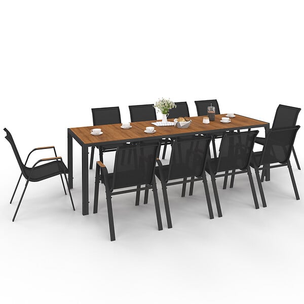 ID MARKET - Salon de jardin NOUMEA table 240 cm plateau verre trempé effet bois et 10 chaises empilables noir et bois - large