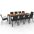 ID MARKET - Salon de jardin NOUMEA table 240 cm plateau verre trempé effet bois et 10 chaises empilables noir et bois - vignette