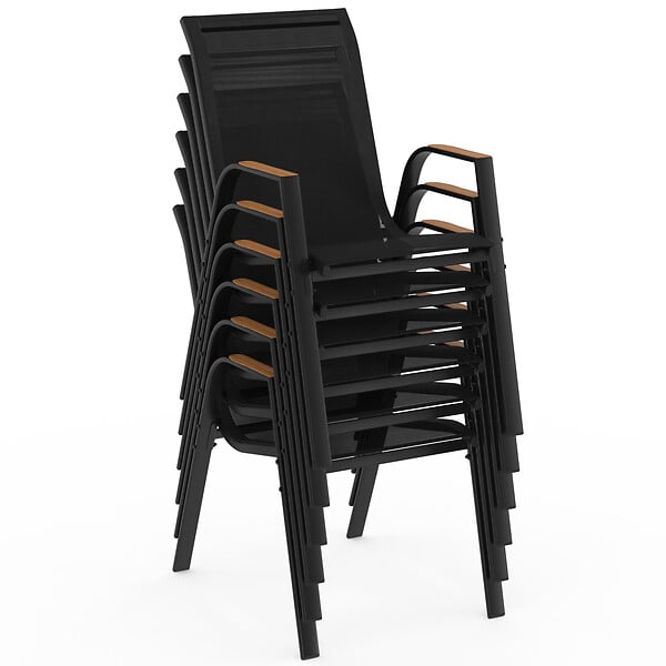 ID MARKET - Salon de jardin NOUMEA table 240 cm plateau verre trempé effet bois et 10 chaises empilables noir et bois - large