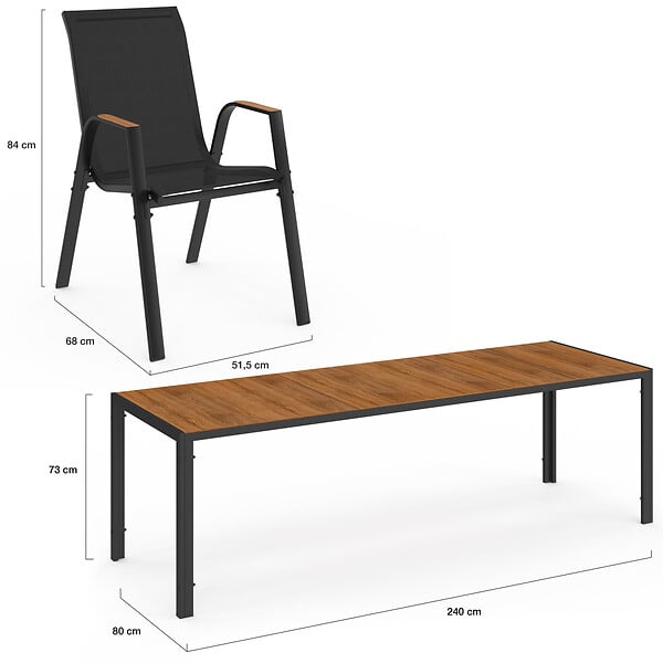 ID MARKET - Salon de jardin NOUMEA table 240 cm plateau verre trempé effet bois et 10 chaises empilables noir et bois - large