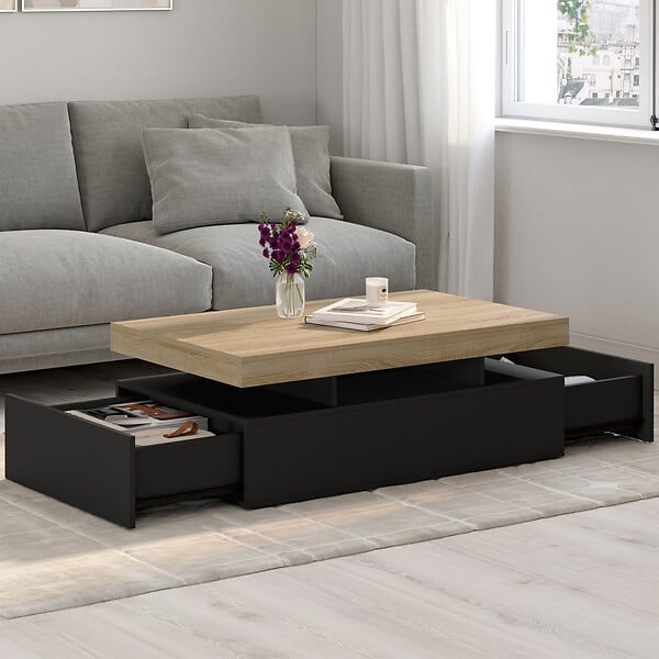 ID MARKET - Table basse rectangulaire ELSA 100 cm 2 tiroirs en bois noir et plateau façon hêtre - large