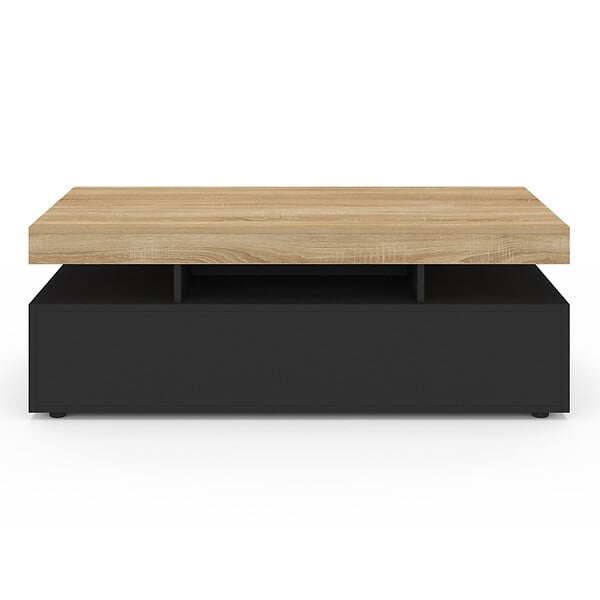 ID MARKET - Table basse rectangulaire ELSA 100 cm 2 tiroirs en bois noir et plateau façon hêtre - large