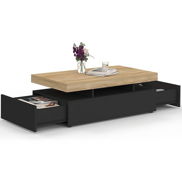 ID MARKET - Table basse rectangulaire ELSA 100 cm 2 tiroirs en bois noir et plateau façon hêtre - large