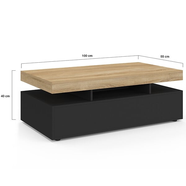 ID MARKET - Table basse rectangulaire ELSA 100 cm 2 tiroirs en bois noir et plateau façon hêtre - large