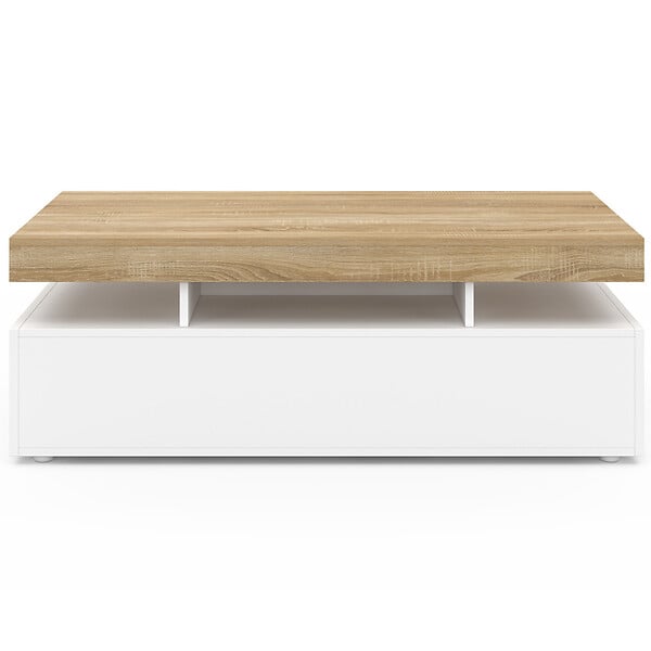 ID MARKET - Table basse rectangulaire ELSA 100 cm 2 tiroirs en bois blanc et plateau façon hêtre - large