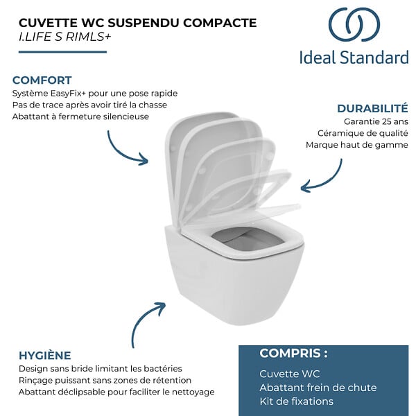 IDEAL STANDARD - WC suspendu compact sans bride I.Life S RimLS+ avec abattant frein de chute - large