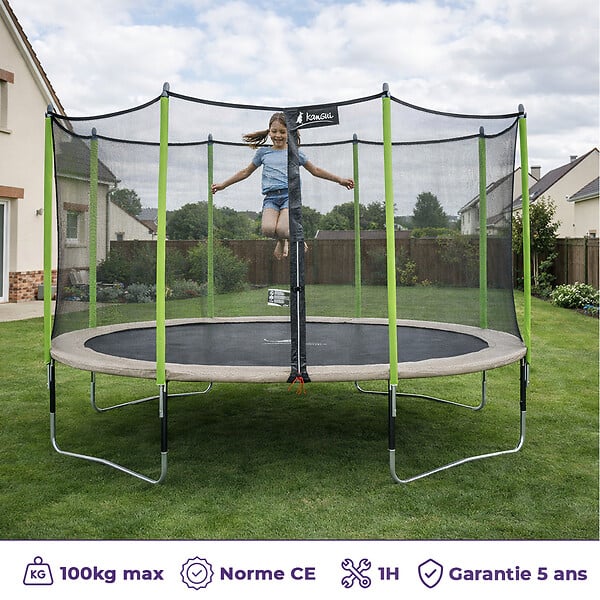 KANGUI - Trampoline Ø 430 cm + filet + échelle + kit d'ancrage - JUMPI 430 - Taupe/Vert - large