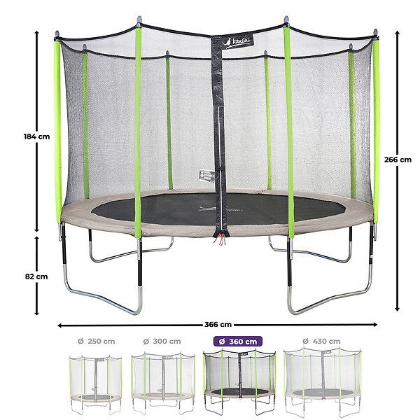 KANGUI - Trampoline jardin Ø 360 cm + échelle + kit d'ancrage - JUMPI 360 - Taupe/Vert - large