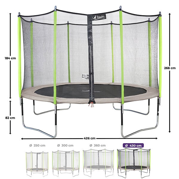 KANGUI - Trampoline jardin Ø 430 cm + filet + échelle + bâche - JUMPI 430 - Taupe/Vert - large