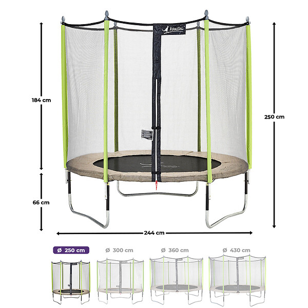 KANGUI - Trampoline jardin Ø 250 cm + filet + échelle + bâche - JUMPI 250 - Taupe/Vert - large