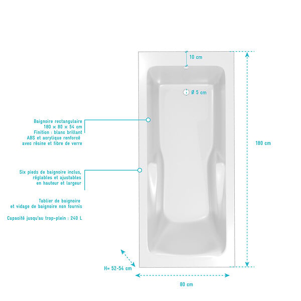 ALLIBERT - Baignoire rectangulaire 180x80x54cm avec zone de douche - Acrylique et ABS Blanc brillant - large