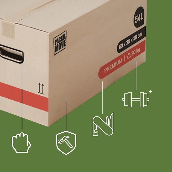 PACK AND MOVE - Pack and Move - Lot 30 Cartons Déménagement Premium - 60 X 30 X 30 - Extrême Résistance 20KG - Réutilisable - Poignées Renforcées - 2 Adhésifs Offerts - large