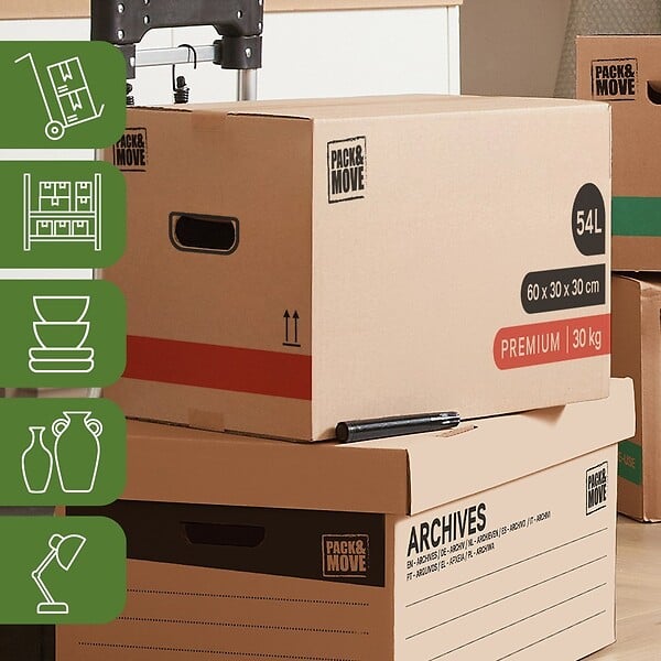 PACK AND MOVE - Pack and Move - Lot 30 Cartons Déménagement Premium - 60 X 30 X 30 - Extrême Résistance 20KG - Réutilisable - Poignées Renforcées - 2 Adhésifs Offerts - large
