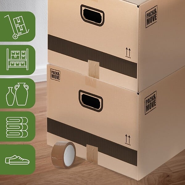PACK AND MOVE - Pack and Move - Lot 10 Cartons Déménagement Stockage M - 60 x 40 x 30 cm - Poignées renforcées - 1 adhésif offert - large