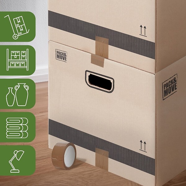 PACK AND MOVE - Pack and Move - Lot 60 cartons déménagement L larges - 40 x 60 x 40 cm - Poignées renforcées - 3 adhésifs offerts - large