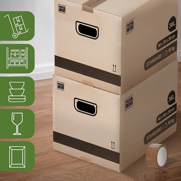 PACK AND MOVE - Pack and Move - Lot 10 cartons déménagement stockage livres - 40 x 30 x 30 cm - Poignées renforcées - 1 adhésif offert - large