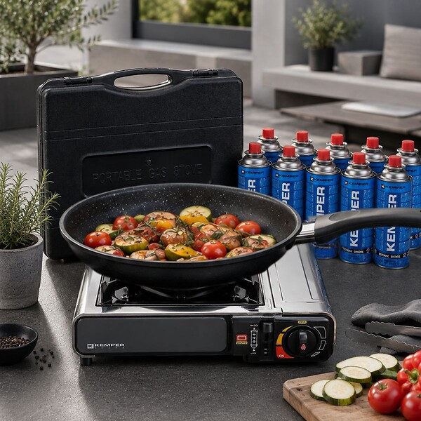 KEMPER - Réchaud à gaz 2200W Inox + 12 Cartouches de gaz Camping Allumage piezo Système Sécurité KEMPER - large