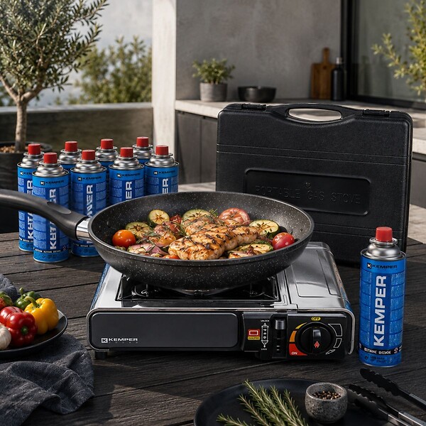 KEMPER - Réchaud à gaz 2200W Inox + 12 Cartouches de gaz Camping Allumage piezo Système Sécurité KEMPER - large