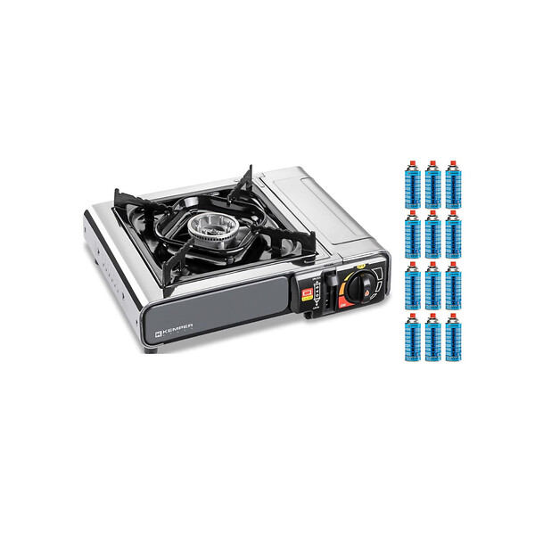 KEMPER - Réchaud à gaz 2200W Inox + 12 Cartouches de gaz Camping Allumage piezo Système Sécurité KEMPER - large