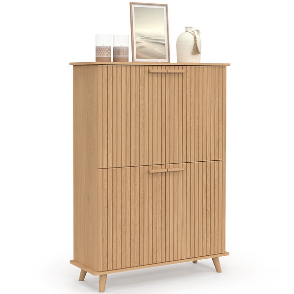 ID MARKET - Meuble de rangement 4 portes JULIETTE effet lattes tasseau bois coloris chêne - large