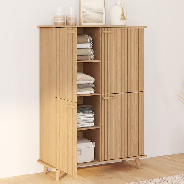 ID MARKET - Meuble de rangement 4 portes JULIETTE effet lattes tasseau bois coloris chêne - large