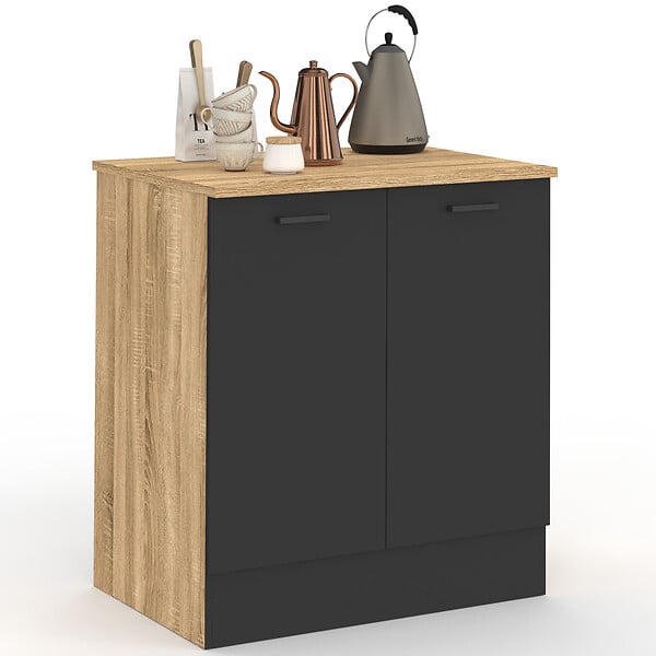 ID MARKET - Meuble bas de cuisine 80 cm STIL appoint 2 portes bois et noir - large