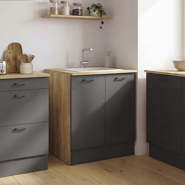 ID MARKET - Meuble bas de cuisine 80 cm STIL appoint 2 portes bois et noir - large