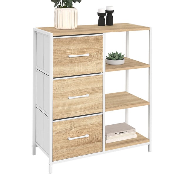 ID MARKET - Buffet d'appoint 3 tiroirs et étagères 70 cm UTAH design industriel bois et blanc - large