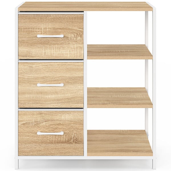 ID MARKET - Buffet d'appoint 3 tiroirs et étagères 70 cm UTAH design industriel bois et blanc - large