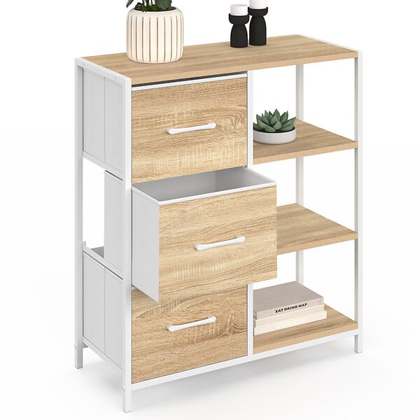 ID MARKET - Buffet d'appoint 3 tiroirs et étagères 70 cm UTAH design industriel bois et blanc - large