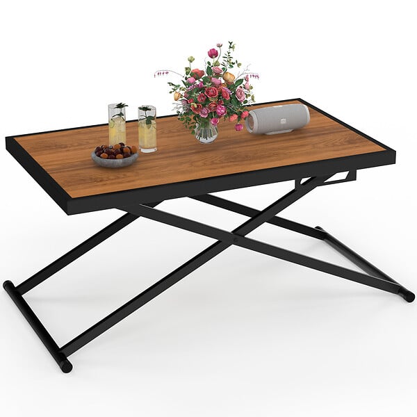 ID MARKET - Table de jardin à hauteur réglable 3 positions OLIE 100 cm en métal noir et plateau bois - large