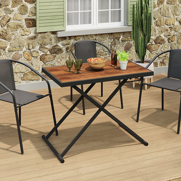 ID MARKET - Table de jardin à hauteur réglable 3 positions OLIE 100 cm en métal noir et plateau bois - large