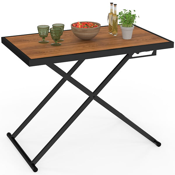ID MARKET - Table de jardin à hauteur réglable 3 positions OLIE 100 cm en métal noir et plateau bois - large