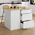 ID MARKET - Ilot central TIBO 110 cm casserolier 3 tiroirs bois blanc avec plan de travail façon hêtre - vignette