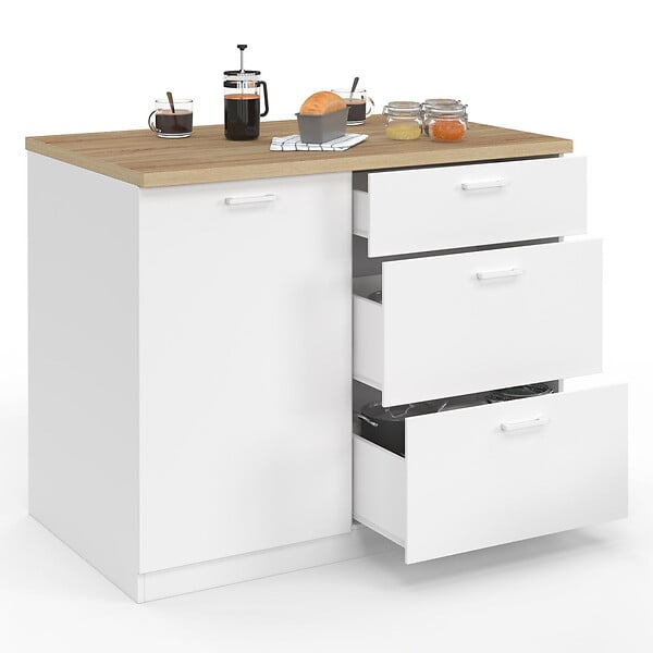ID MARKET - Ilot central TIBO 110 cm casserolier 3 tiroirs bois blanc avec plan de travail façon hêtre - large