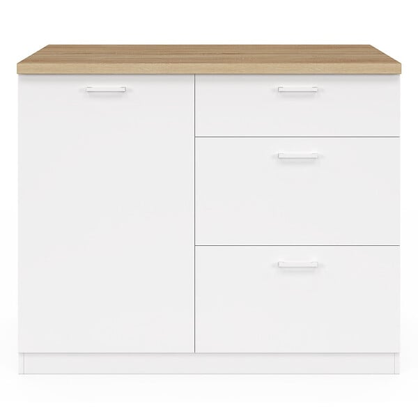 ID MARKET - Ilot central TIBO 110 cm casserolier 3 tiroirs bois blanc avec plan de travail façon hêtre - large