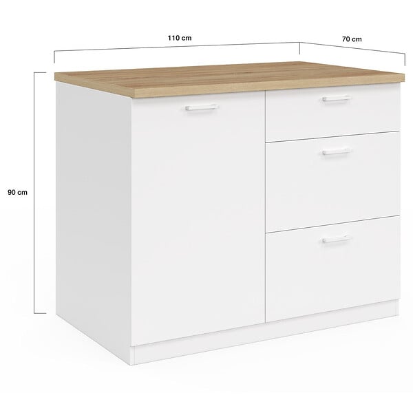 ID MARKET - Ilot central TIBO 110 cm casserolier 3 tiroirs bois blanc avec plan de travail façon hêtre - large