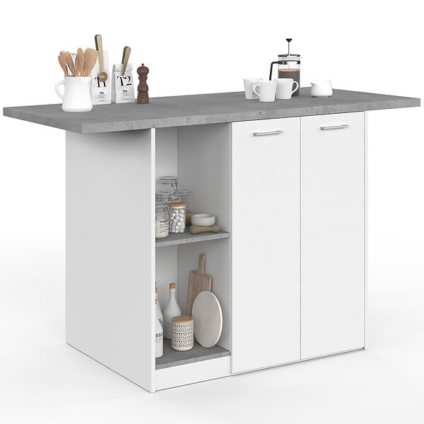 ID MARKET - Ilot central BAO 140 cm 4 personnes bois blanc avec plan de travail effet béton - large