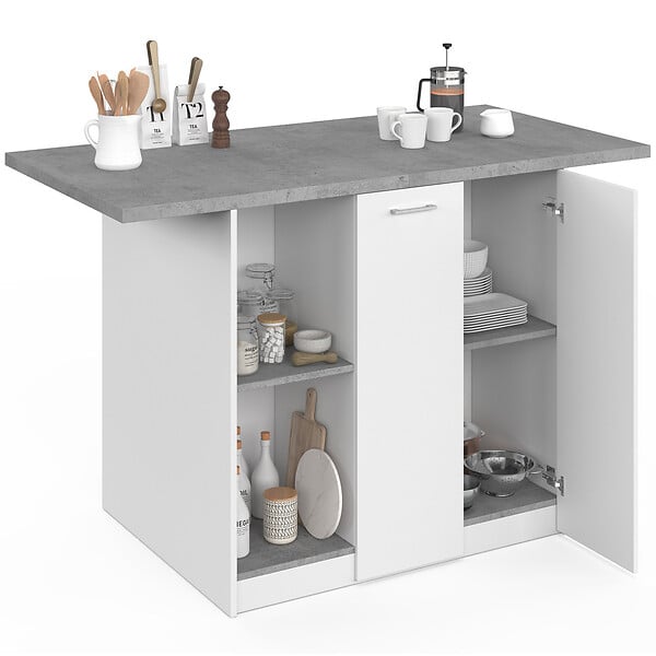 ID MARKET - Ilot central BAO 140 cm 4 personnes bois blanc avec plan de travail effet béton - large
