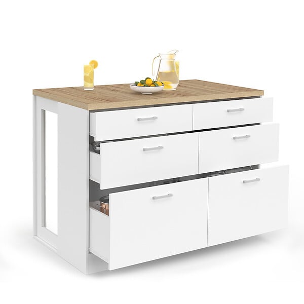 ID MARKET - Ilot central mange-debout ORSO 120 cm casserolier 6 tiroirs blanc avec plan de travail façon hêtre - large