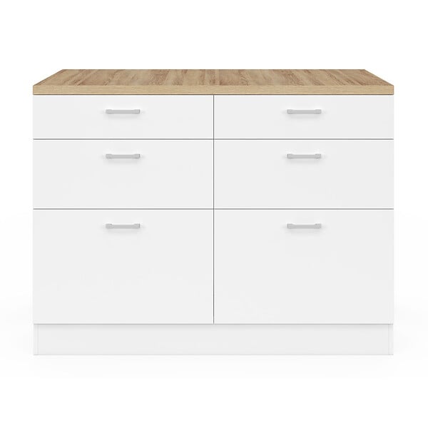ID MARKET - Ilot central mange-debout ORSO 120 cm casserolier 6 tiroirs blanc avec plan de travail façon hêtre - large