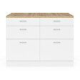 ID MARKET - Ilot central mange-debout ORSO 120 cm casserolier 6 tiroirs blanc avec plan de travail façon hêtre - vignette