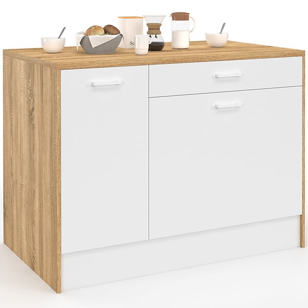 ID MARKET - Ilot central LIO maxi capacité de rangement bois et blanc - large