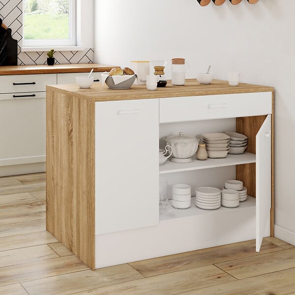ID MARKET - Ilot central LIO maxi capacité de rangement bois et blanc - large