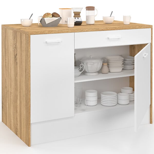 ID MARKET - Ilot central LIO maxi capacité de rangement bois et blanc - large